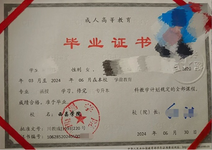 西昌学院2024年函授专升本科毕业证书样本图片（学前教育）